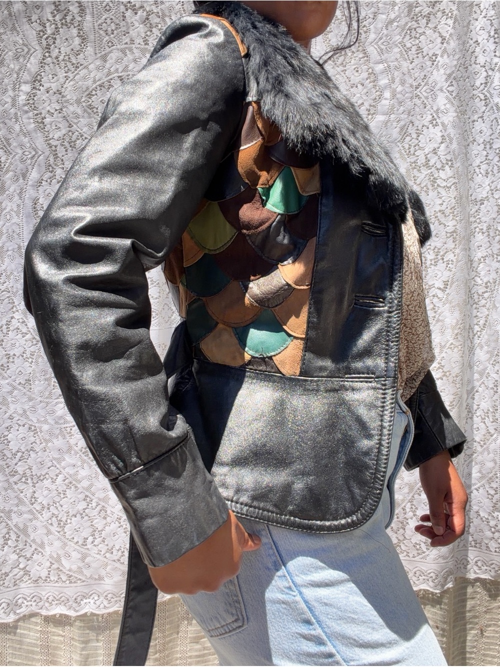 Rare 1970s Genuine Leather Scalloped Fish Scale Jacket Fur Collar Belted XS S